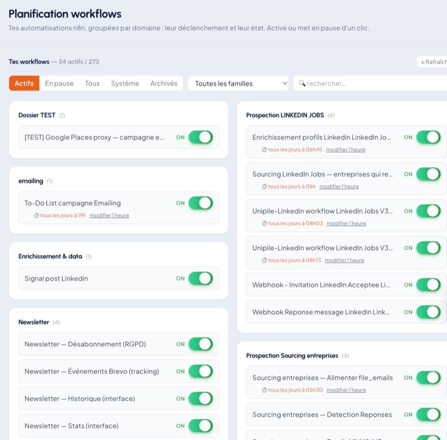 Planification des workflows n8n depuis le tableau de bord