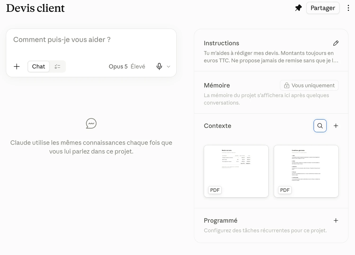 Un espace de travail nommé Devis client, avec ses instructions, sa mémoire et deux documents PDF en contexte