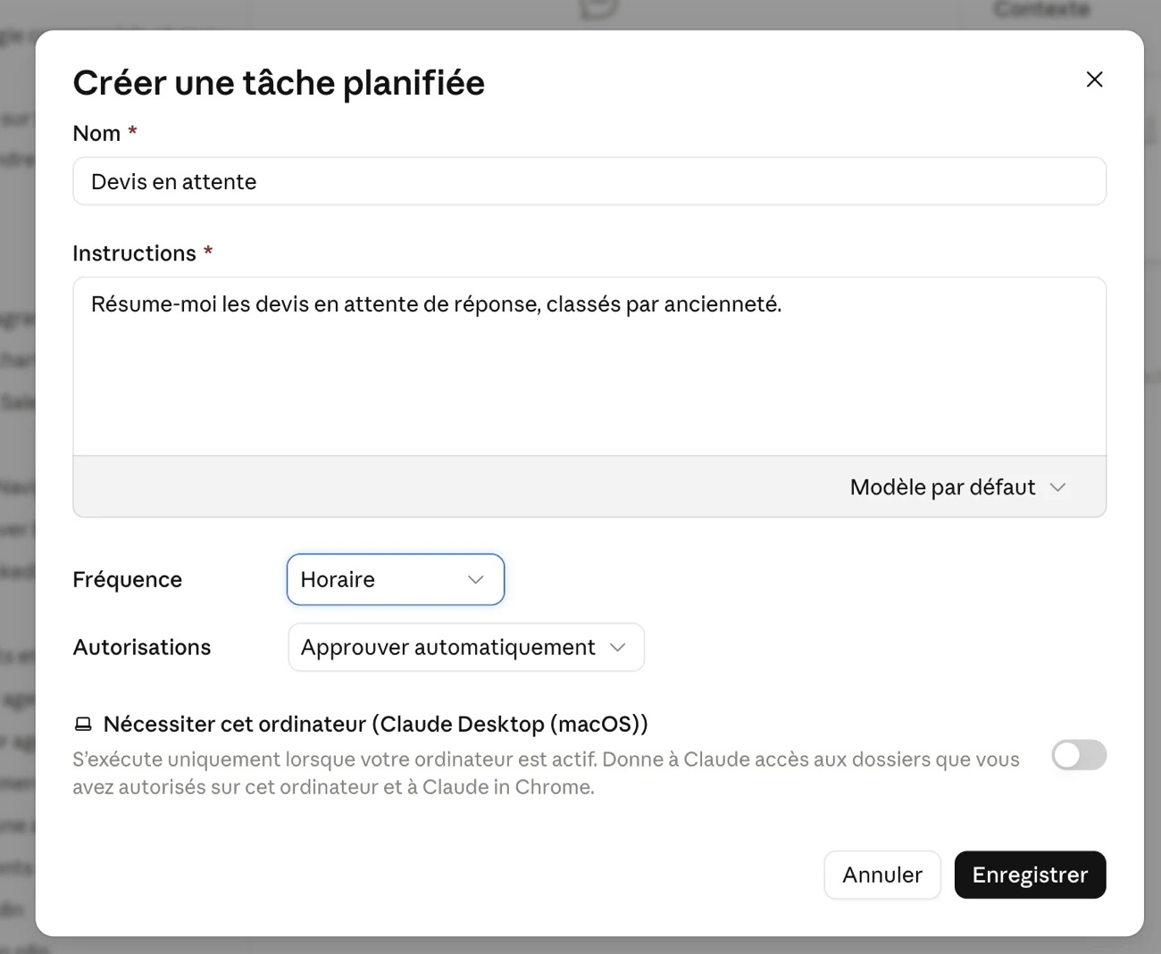 La fenêtre de création d'une tâche planifiée, avec son nom, ses instructions et le choix de la fréquence