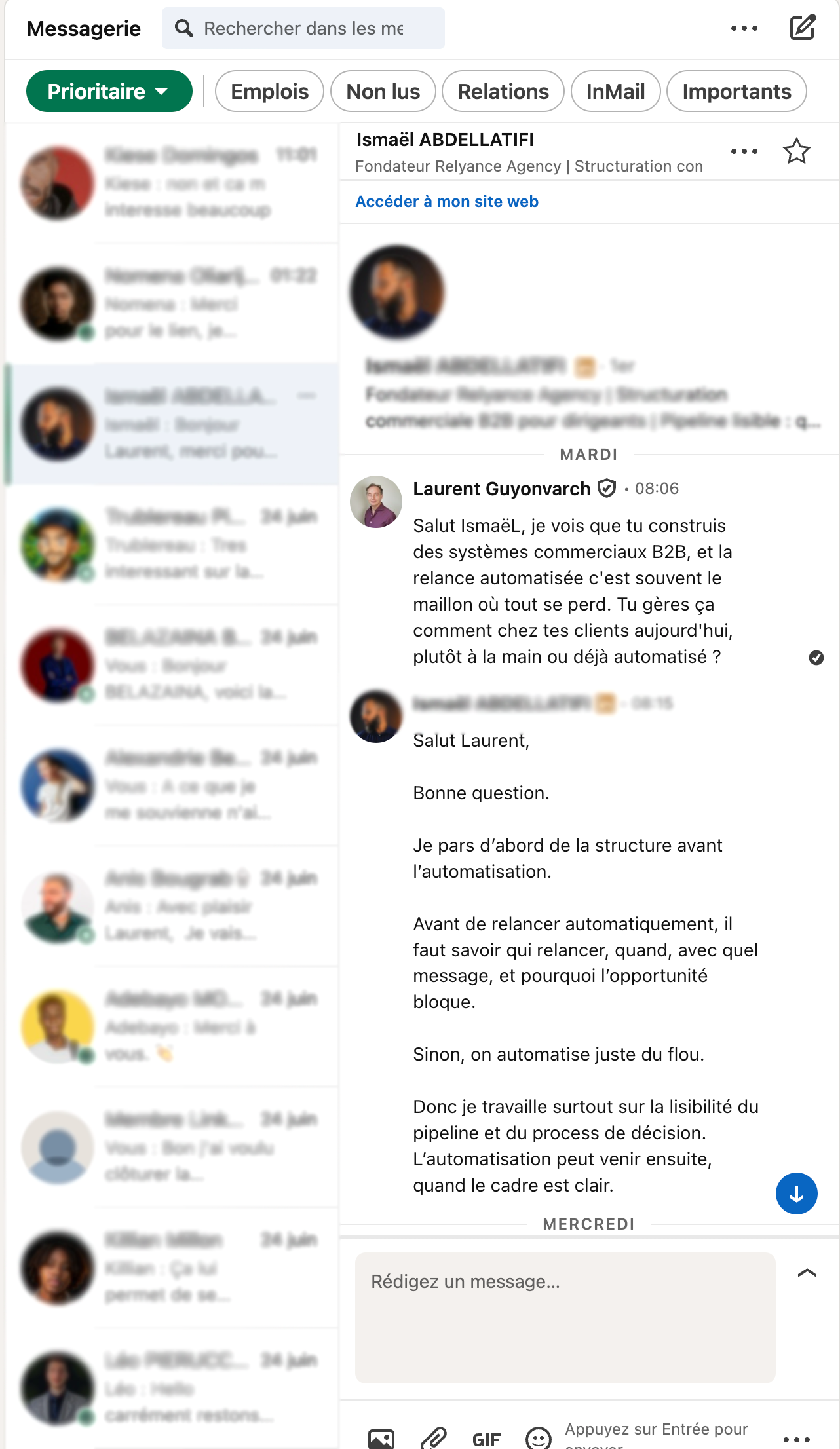 Relance contextuelle réelle dans la messagerie LinkedIn